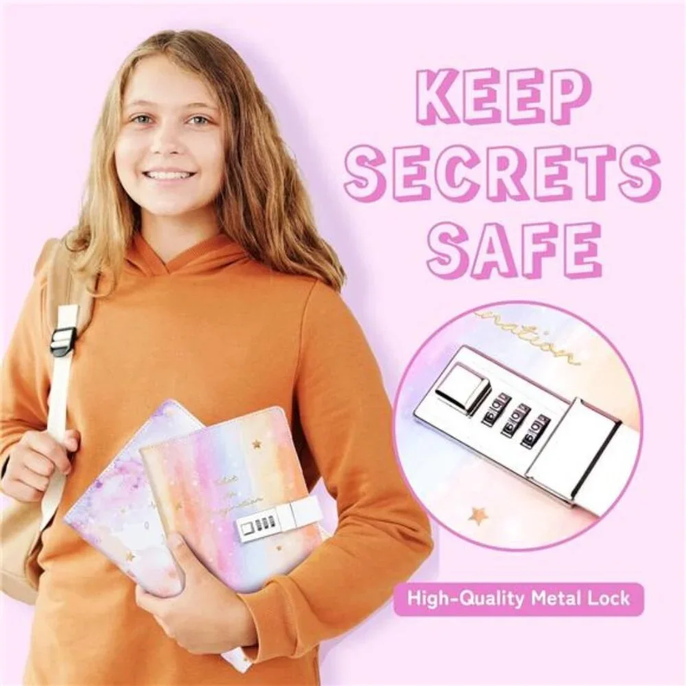 Diary with Lock for Girls Age 8 9 10 11 12, Light Rainbow Journal with